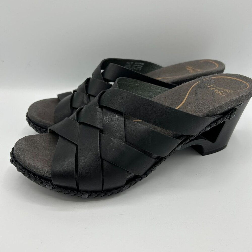 Dansko Womens Black Leather Strappy Wedge Sandals Size 40 Braided Trim - Picture 3 of 12